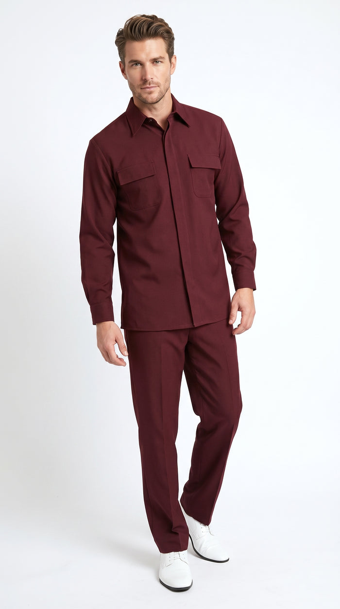 Men’s Apollo King Burgundy 2 Piece Walking Suit with Long Sleeve Shirt Jacket and Matching Pants