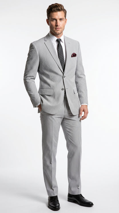 Men’s Black Pinstripe Summer Seersucker 2 Piece Suit with Jacket and Pants