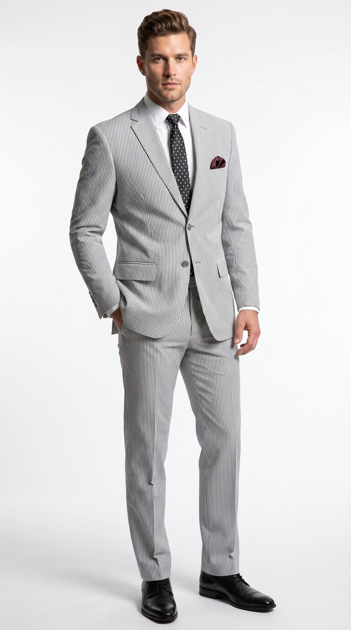 Men’s Black Pinstripe Summer Seersucker 2 Piece Suit with Jacket and Pants