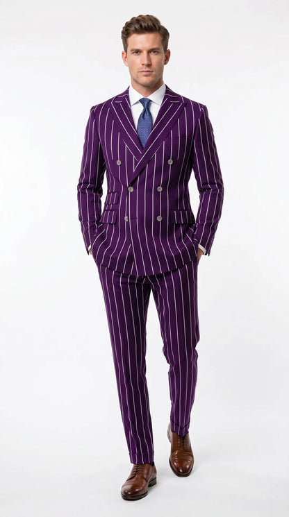 Men’s Dark Purple Pinstripe Double Breasted 1920s Gangster Suit, Vintage Formal Dress Suit
