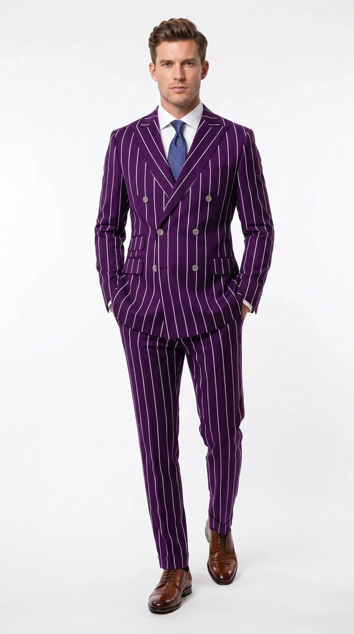 Men’s Dark Purple Pinstripe Double Breasted 1920s Gangster Suit, Vintage Formal Dress Suit