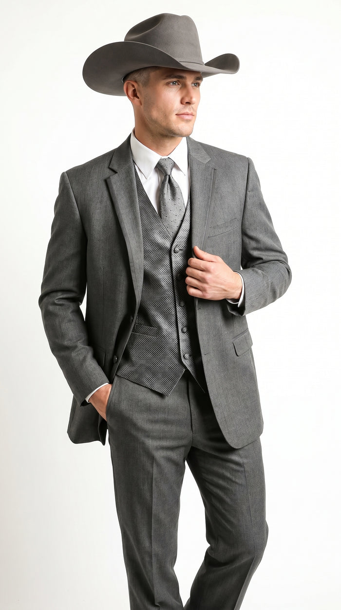 Men’s Grey 2 Button Trim Cowboy Tuxedo with Vest, Western Wedding Formal Suit