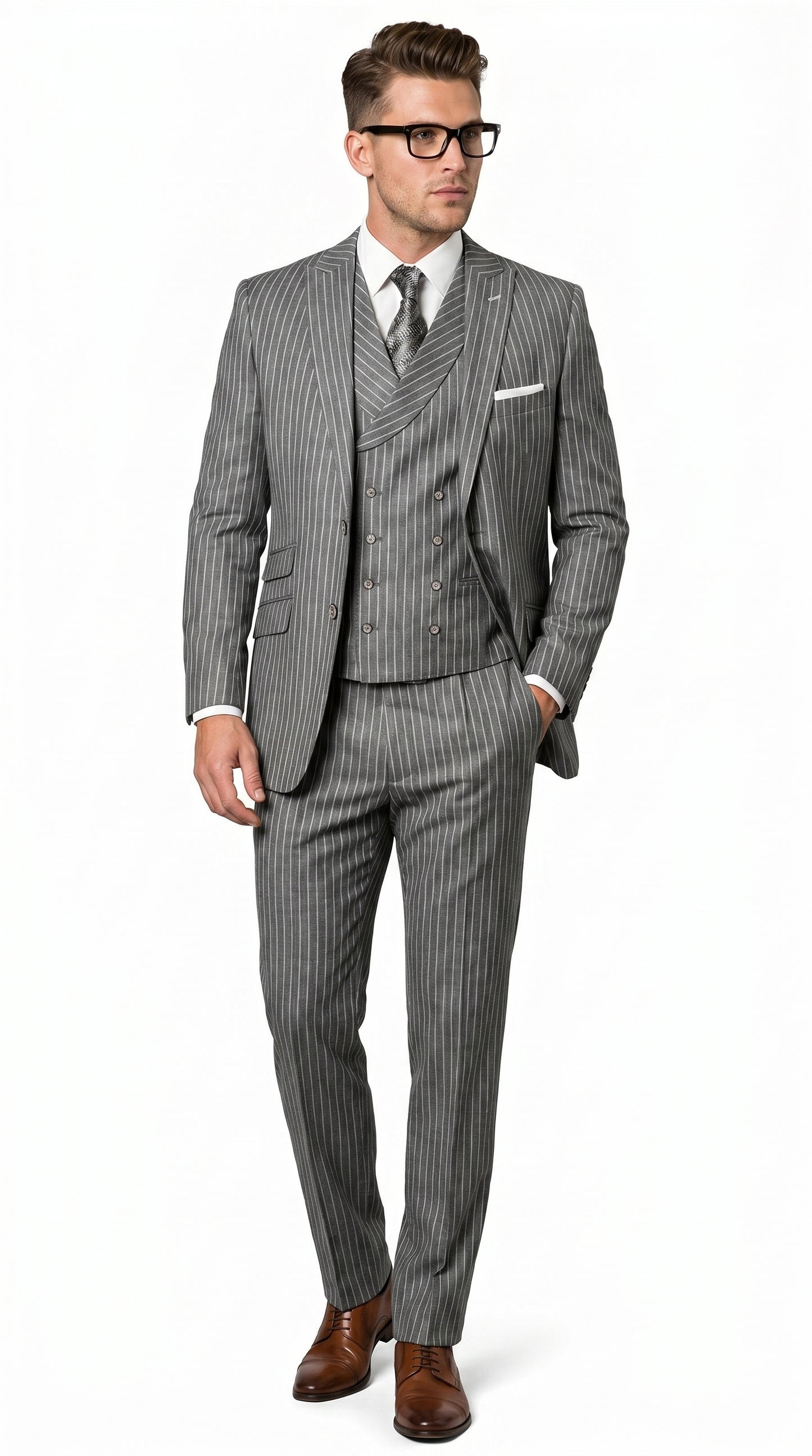 Men’s Grey Pinstripe Double Breasted Vest Suit 2 Button Gangster Style Formal Suit