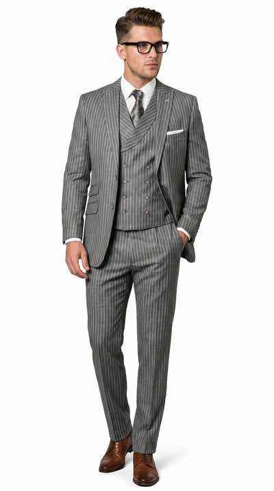 Men’s Grey Pinstripe Double Breasted Vest Suit 2 Button Gangster Style Formal Suit