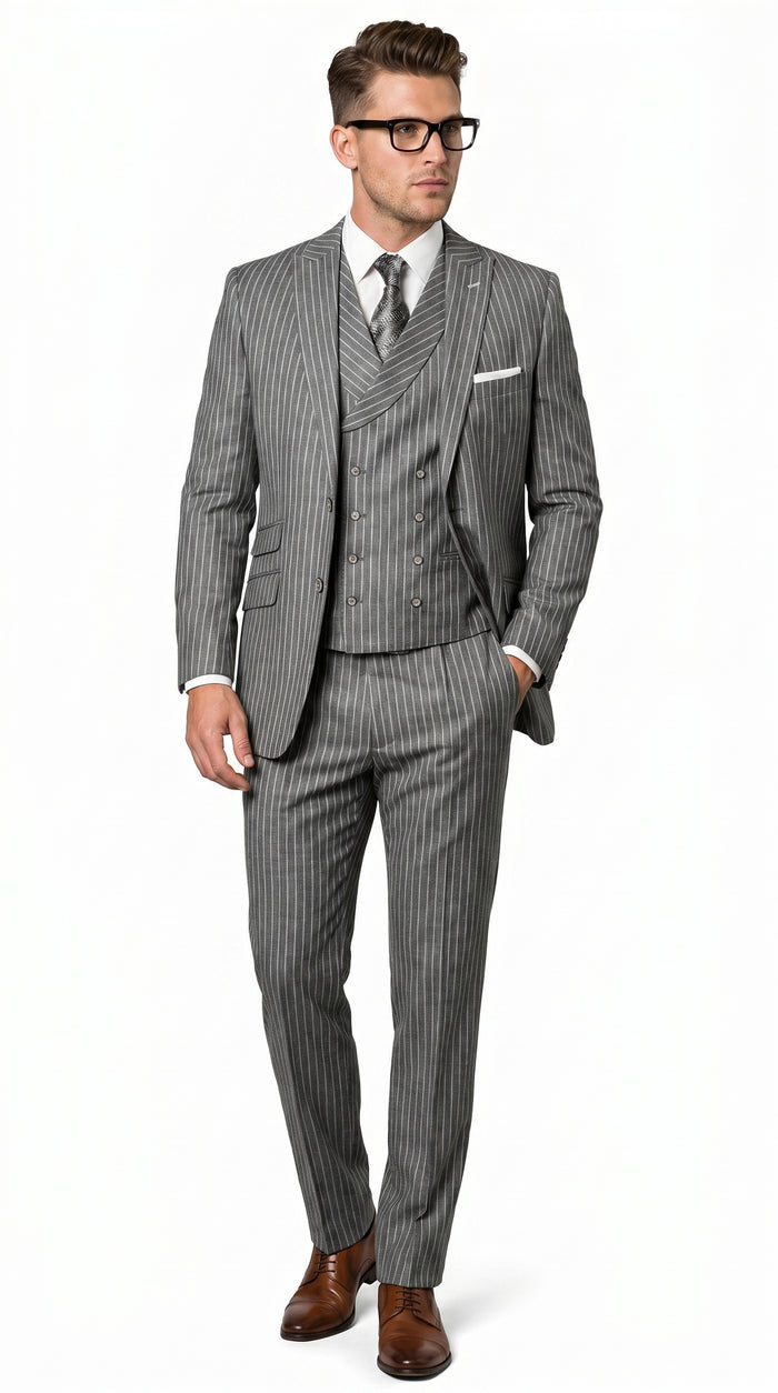 Men’s Grey Pinstripe Double Breasted Vest Suit 2 Button Gangster Style Formal Suit