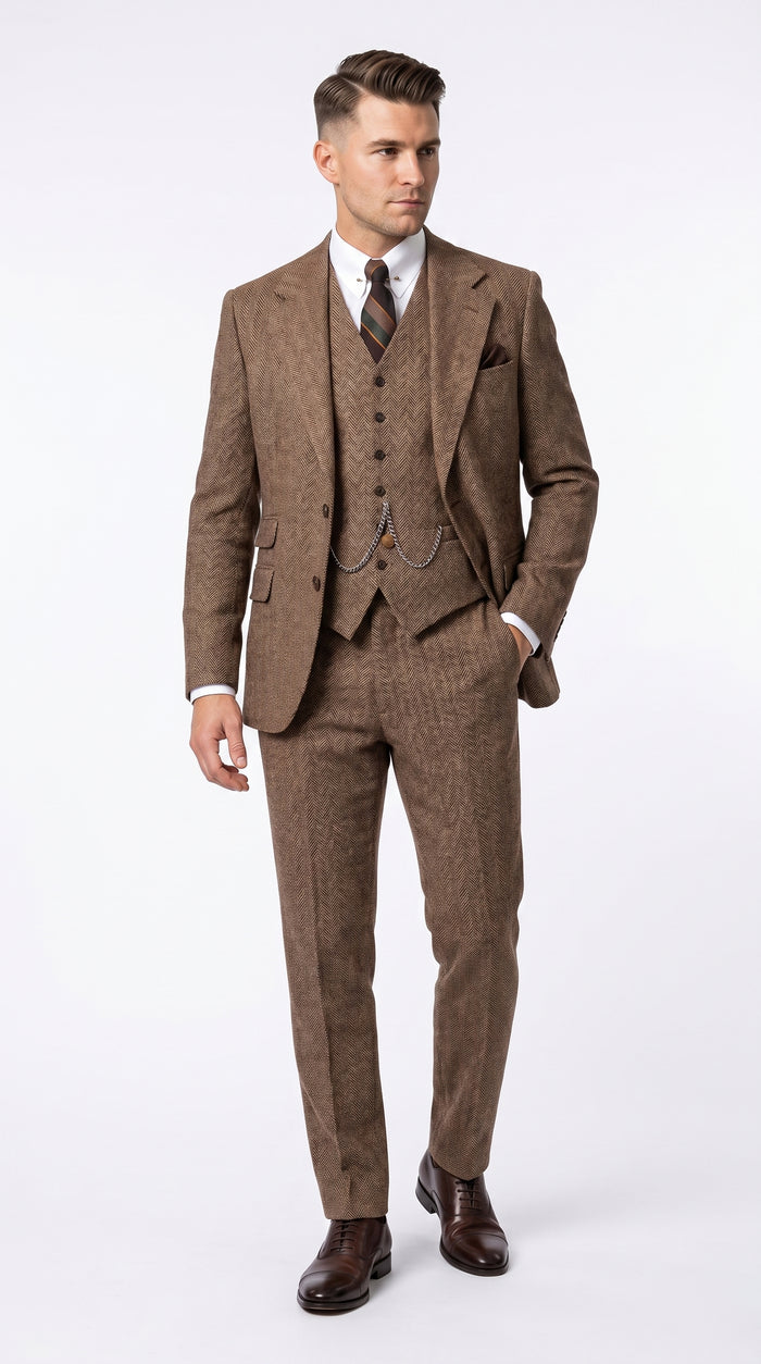 Men’s Light Brown Great Gatsby Inspired Tweed Herringbone Vested Suit, Vintage Formal Wedding Suit