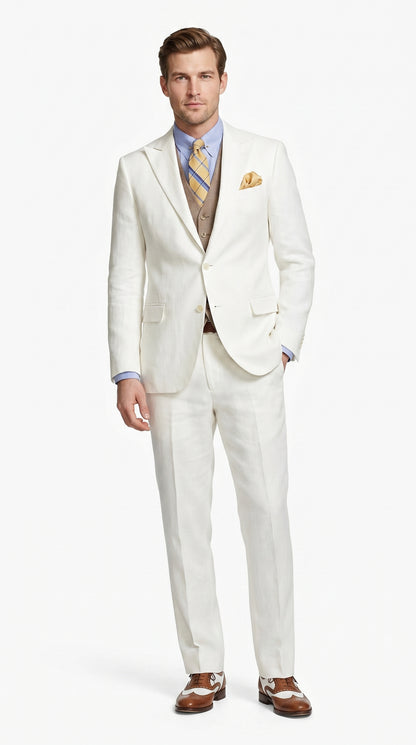 Men’s Ivory Great Gatsby Vested Suit with Brown Vest, Peak Lapel Vintage Wedding Suit