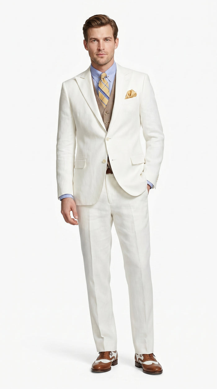 Men’s Ivory Great Gatsby Vested Suit with Brown Vest, Peak Lapel Vintage Wedding Suit