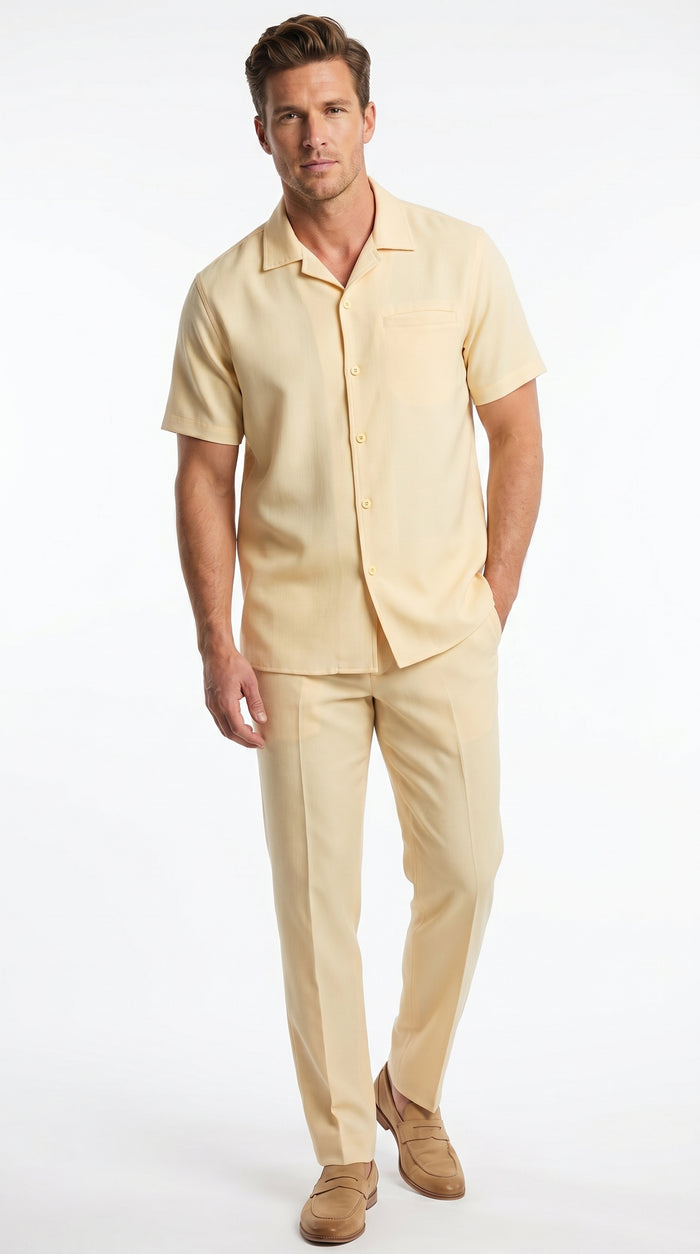 Men’s Yellow Patterned Short Sleeve Walking Suit with Matching Pants, Casual Summer Dress Outfit