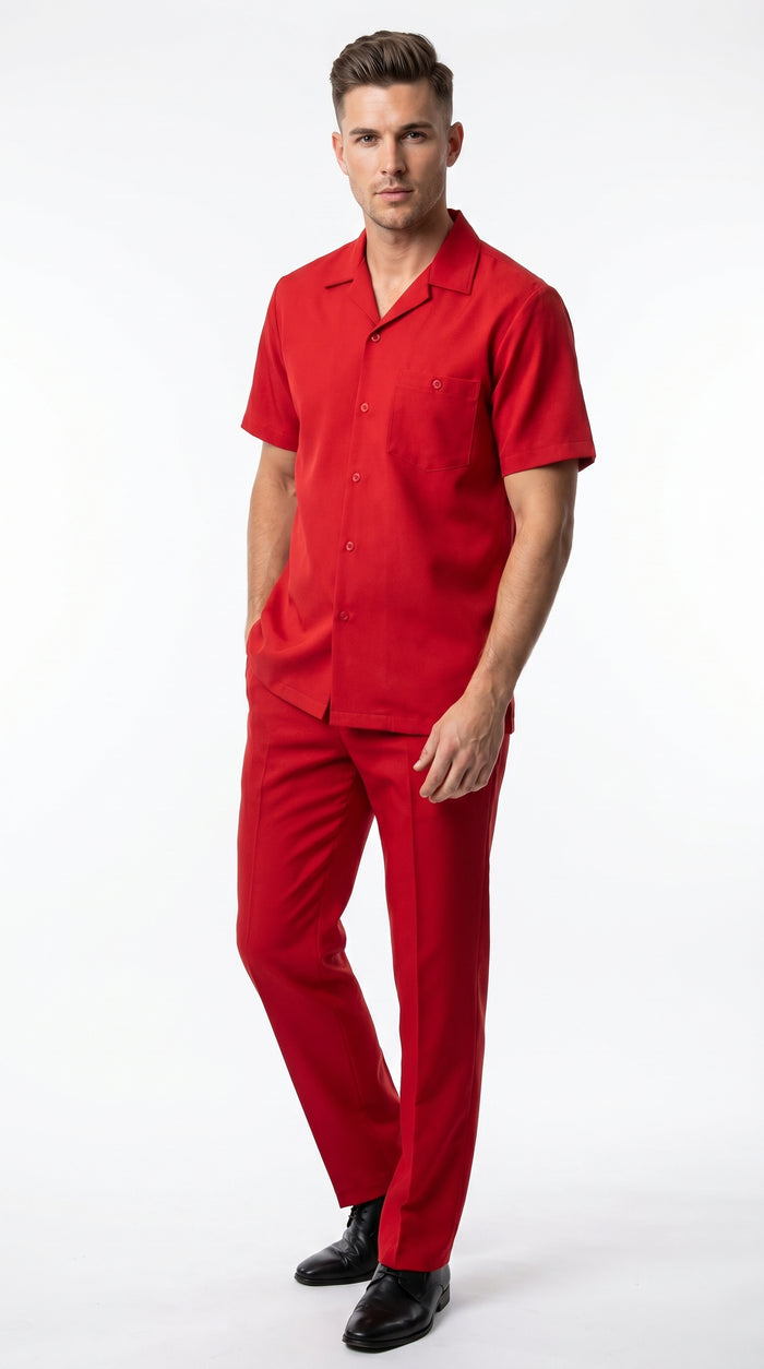 Men’s Red Short Sleeve Walking Suit with Matching Pants, Casual Summer Dress Outfit