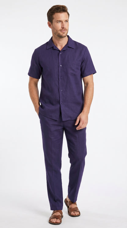 Men’s Navy 100% Linen Short Sleeve Walking Suit, Casual Leisure Shirt and Pants Set