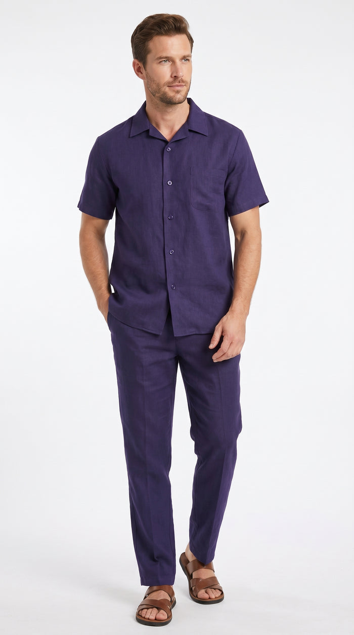 Men’s Navy 100% Linen Short Sleeve Walking Suit, Casual Leisure Shirt and Pants Set