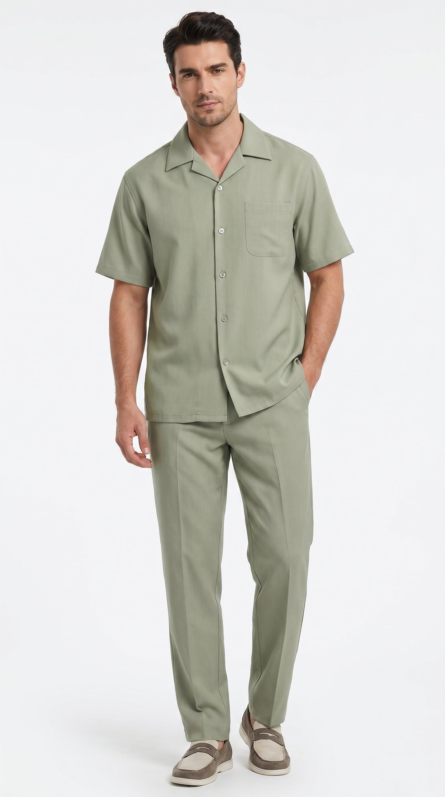 Men’s Solid Light Olive Short Sleeve Walking Suit with Matching Pants, Casual Summer Dress Outfit