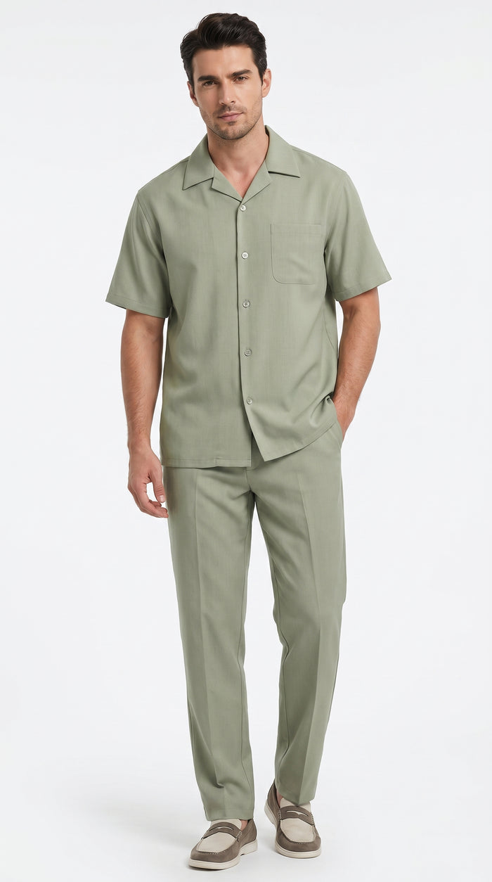 Men’s Solid Light Olive Short Sleeve Walking Suit with Matching Pants, Casual Summer Dress Outfit