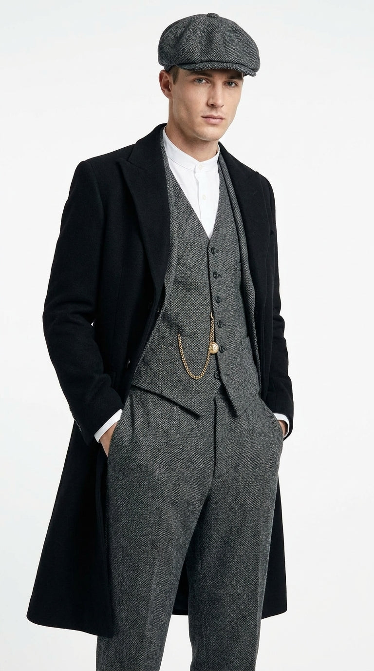 Men’s Grey Peaky Blinders 3 Piece Suit with Black Overcoat and Hat, Thomas Shelby Inspired Costume