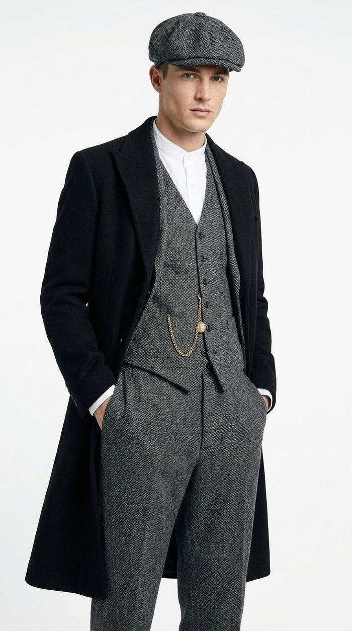 Men’s Grey Peaky Blinders 3 Piece Suit with Black Overcoat and Hat, Thomas Shelby Inspired Costume