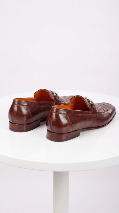 Lombardy Men’s Crocodile & Calfskin Bit Loafers – Brown Almond Toe Exotic Dress Shoes