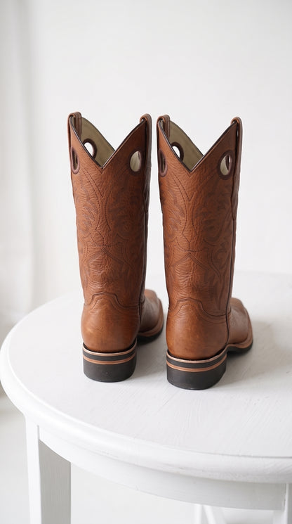 Los Altos Men’s Tan Leather Rodeo Boots, Western Cowboy Square Toe Boots