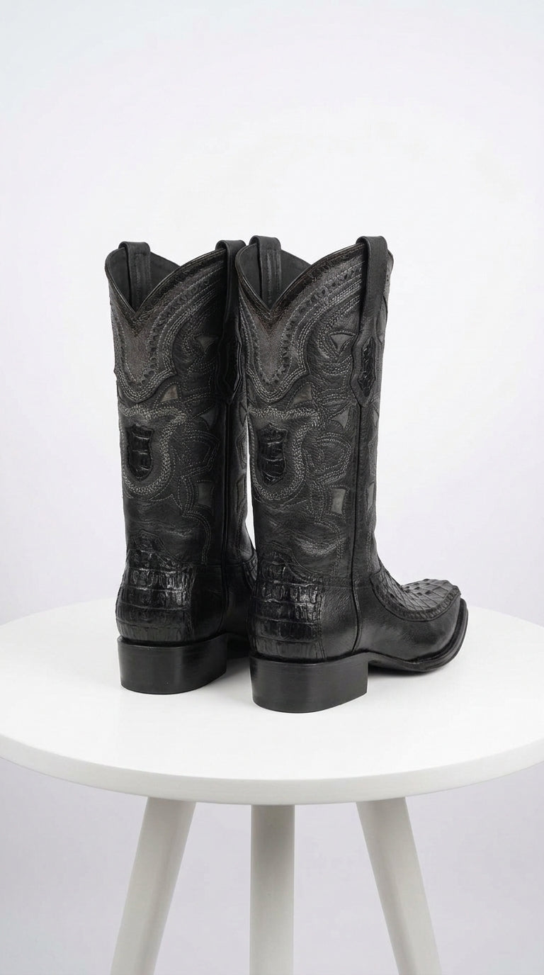 Men’s Black Caiman Crocodile and Deer Western Boots LAB-76F0105, European Toe Exotic Cowboy Dress Boots
