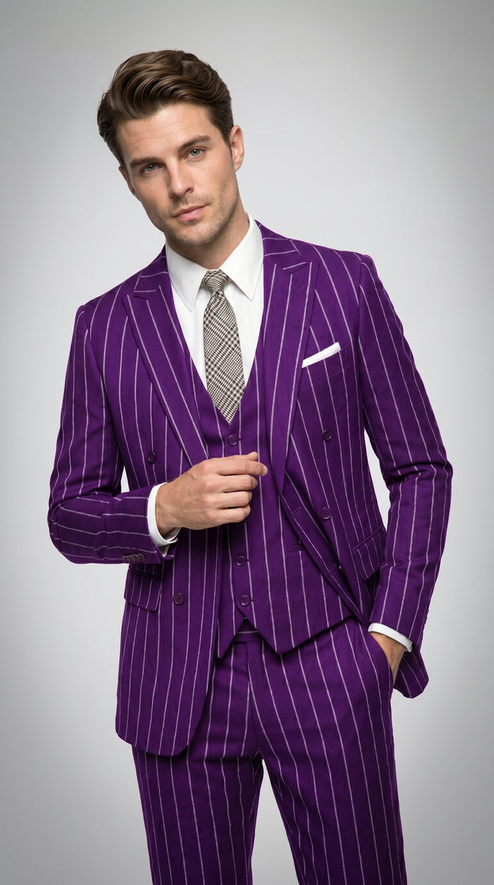 Men’s Purple Pinstripe 1920s Gangster Suit with Jacket, Vest and Pants, Vintage Formal Dress Suit
