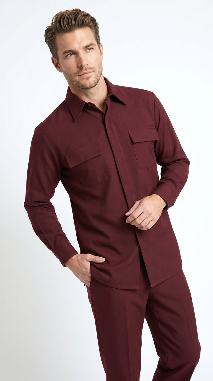 Men’s Apollo King Burgundy 2 Piece Walking Suit with Long Sleeve Shirt Jacket and Matching Pants