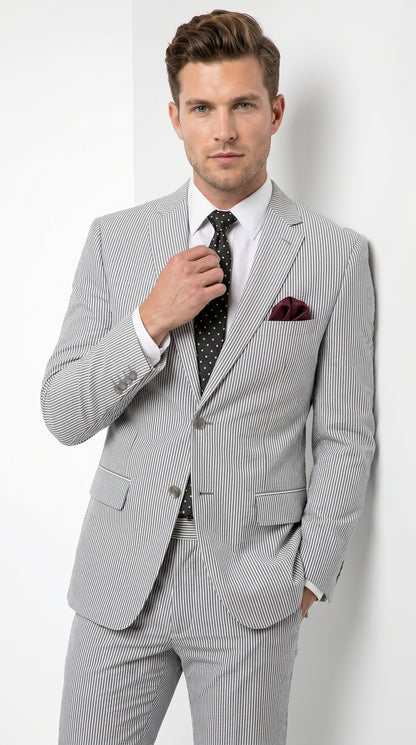 Men’s Black Pinstripe Summer Seersucker 2 Piece Suit with Jacket and Pants