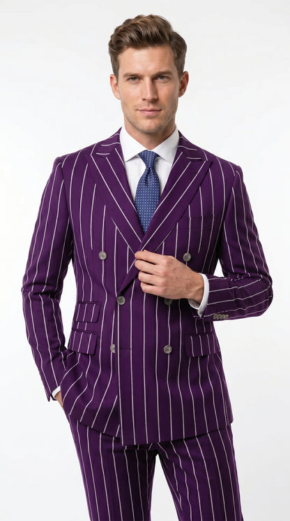 Men’s Dark Purple Pinstripe Double Breasted 1920s Gangster Suit, Vintage Formal Dress Suit