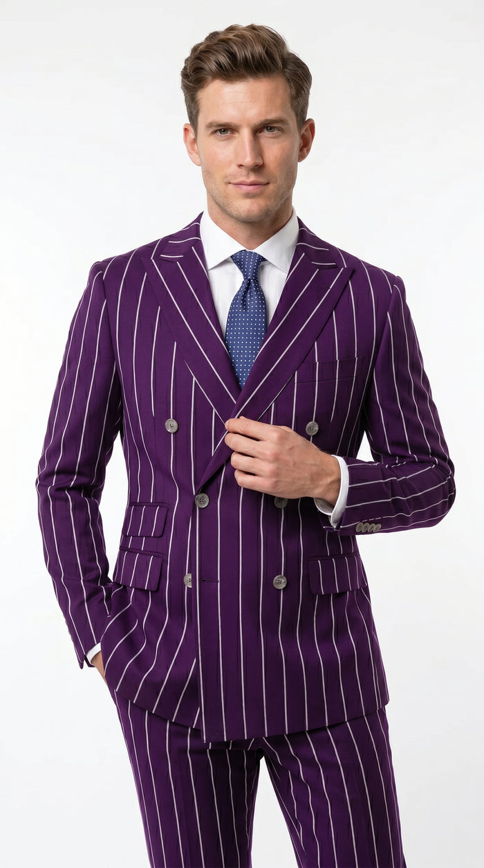 Men’s Dark Purple Pinstripe Double Breasted 1920s Gangster Suit, Vintage Formal Dress Suit