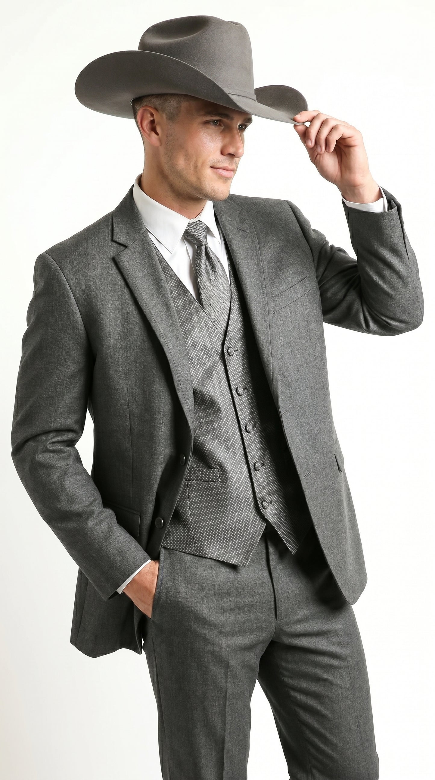 Men’s Grey 2 Button Trim Cowboy Tuxedo with Vest, Western Wedding Formal Suit