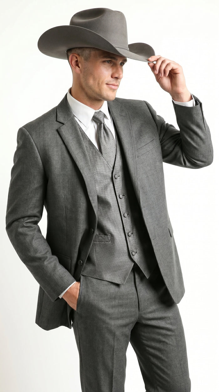 Men’s Grey 2 Button Trim Cowboy Tuxedo with Vest, Western Wedding Formal Suit