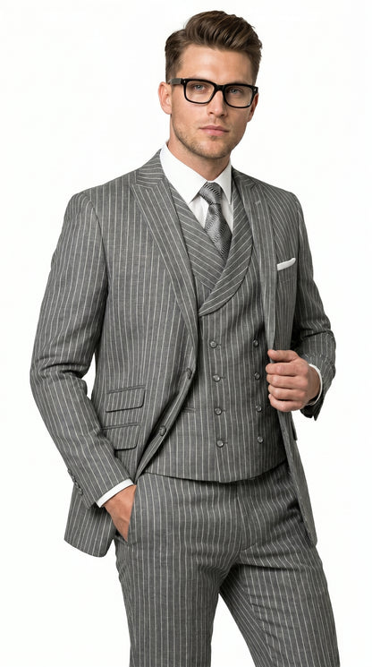 Men’s Grey Pinstripe Double Breasted Vest Suit 2 Button Gangster Style Formal Suit