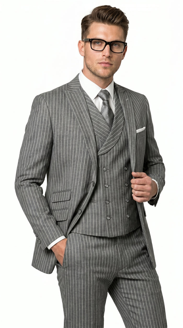 Men’s Grey Pinstripe Double Breasted Vest Suit 2 Button Gangster Style Formal Suit