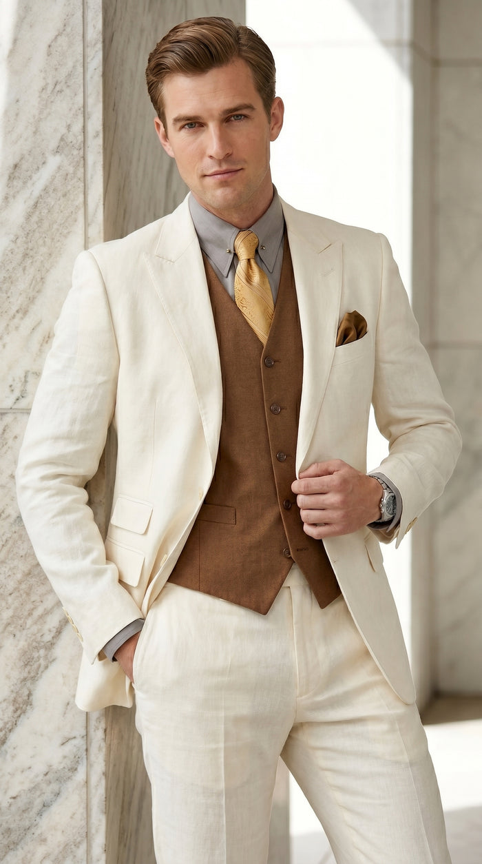 Men’s Ivory Great Gatsby Inspired Suit with Jacket, Vest and Pants, Vintage Formal Wedding Suit