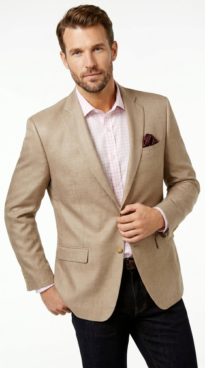 Men’s Tan Beige Sport Coat with 2 Button Front, Summer Dress Casual Blazer Jacket