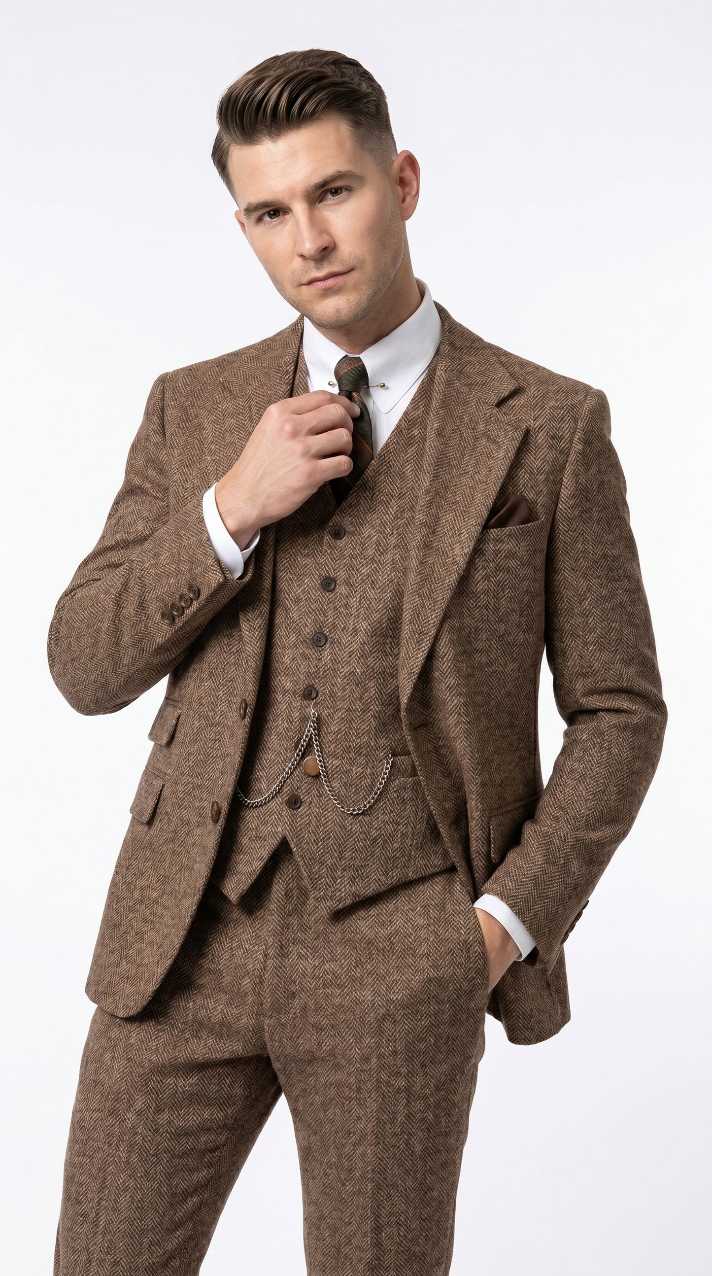 Men’s Light Brown Great Gatsby Inspired Tweed Herringbone Vested Suit, Vintage Formal Wedding Suit