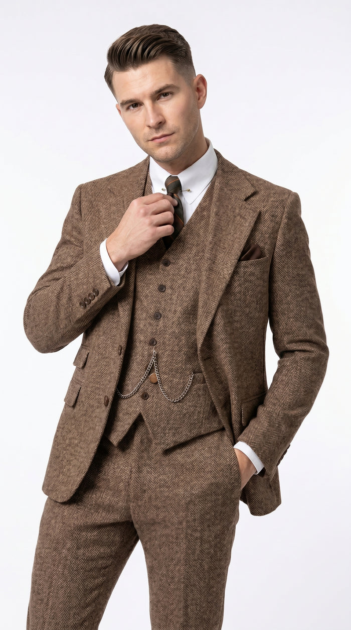 Men’s Light Brown Great Gatsby Inspired Tweed Herringbone Vested Suit, Vintage Formal Wedding Suit