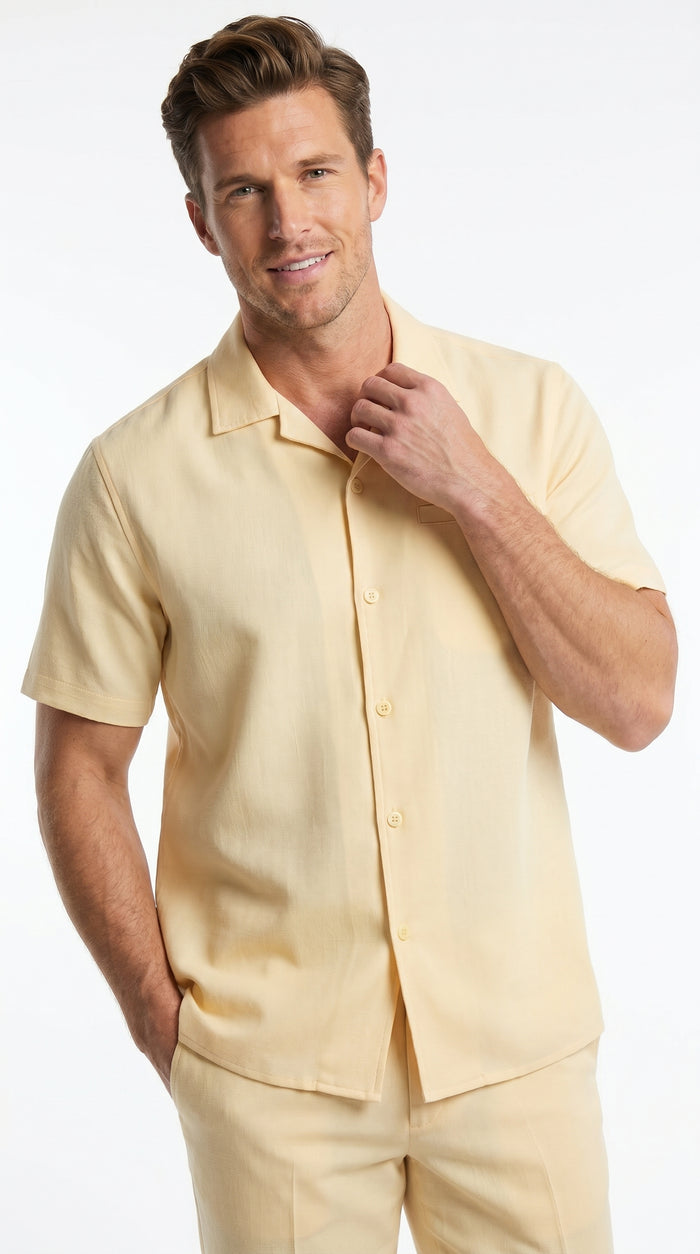 Men’s Yellow Patterned Short Sleeve Walking Suit with Matching Pants, Casual Summer Dress Outfit