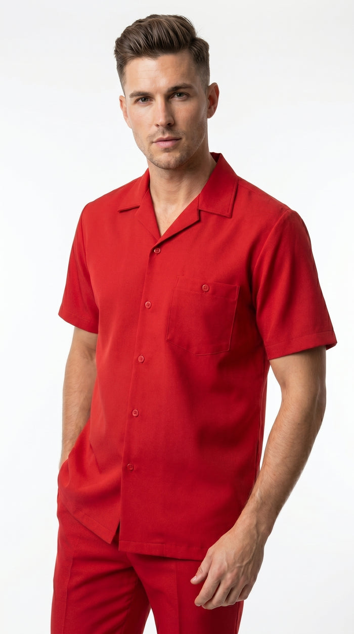 Men’s Red Short Sleeve Walking Suit with Matching Pants, Casual Summer Dress Outfit