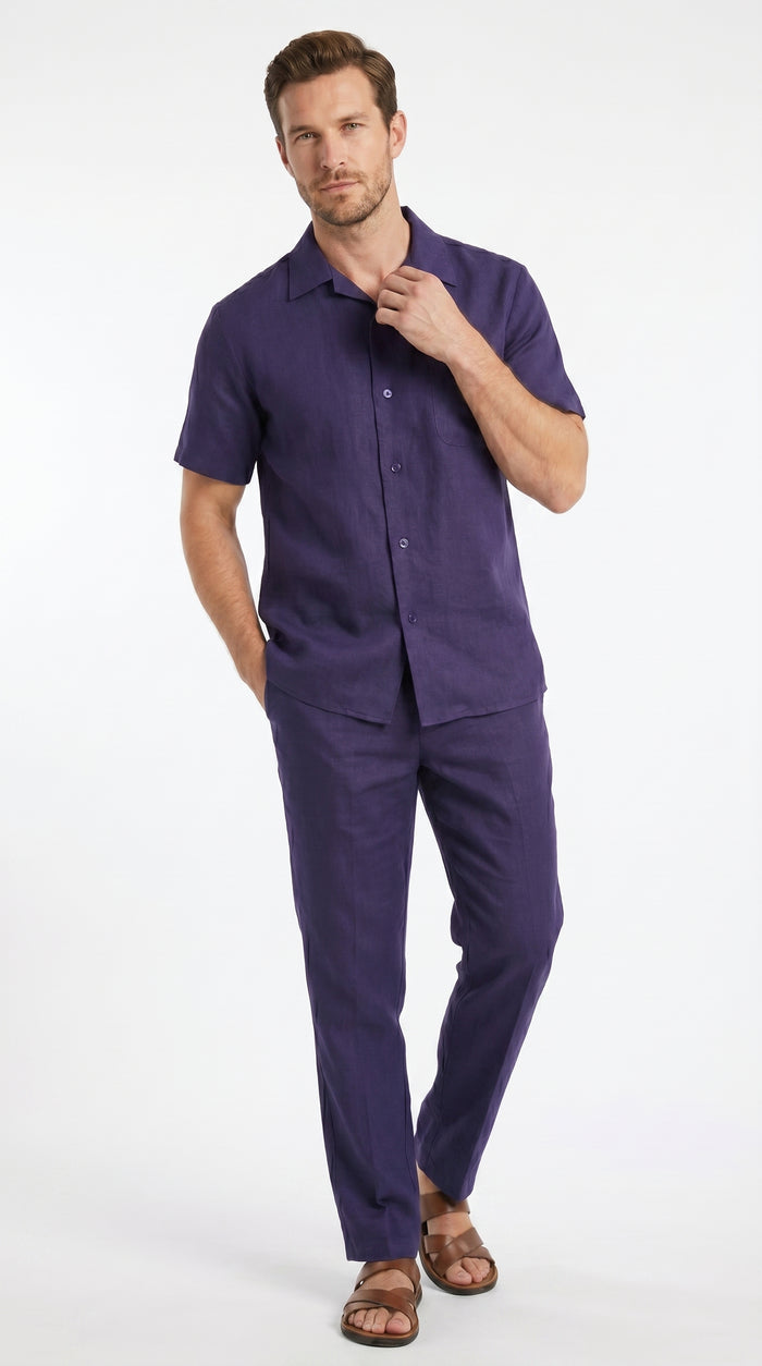 Men’s Navy 100% Linen Short Sleeve Walking Suit, Casual Leisure Shirt and Pants Set