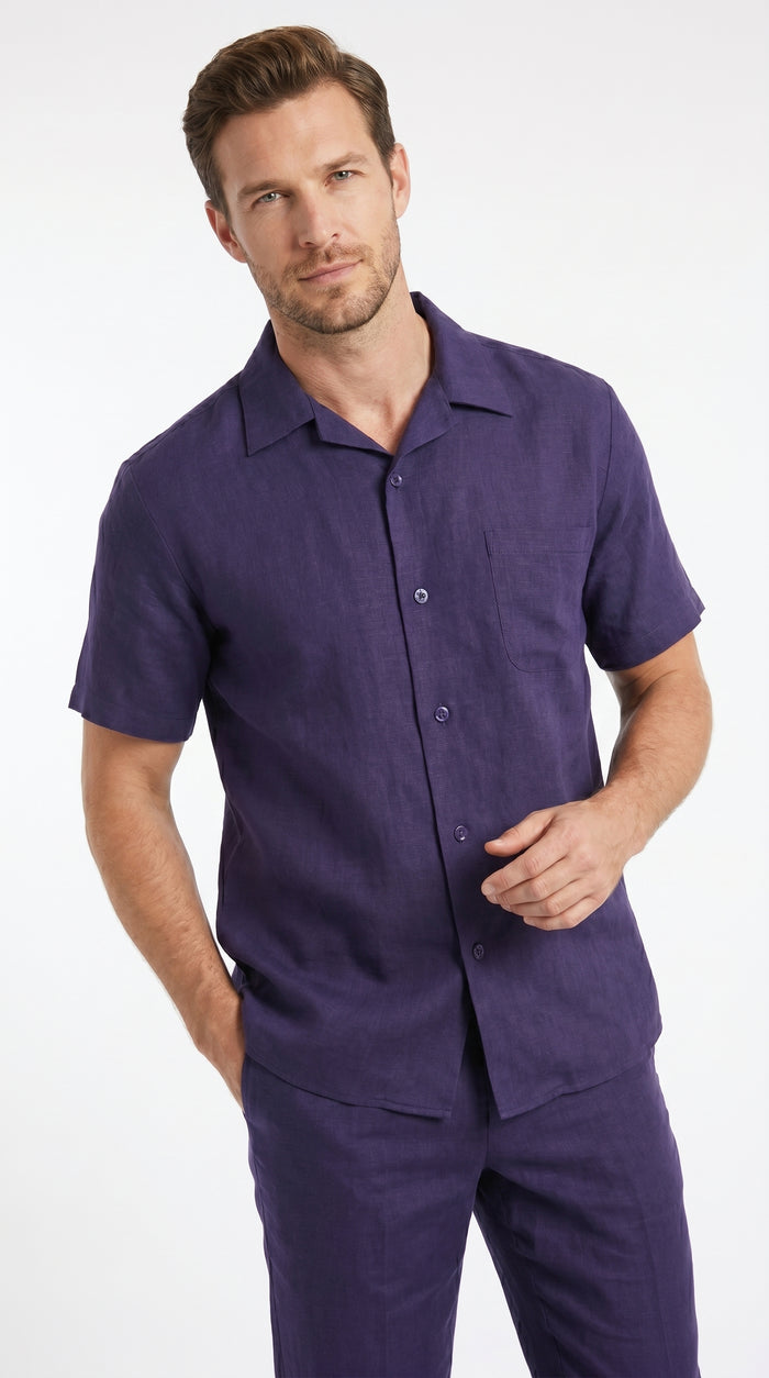 Men’s Navy 100% Linen Short Sleeve Walking Suit, Casual Leisure Shirt and Pants Set