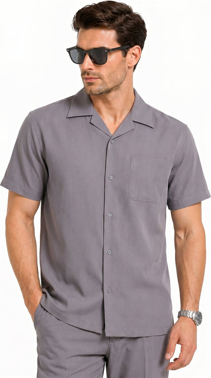 Men’s Solid Grey Short Sleeve Walking Suit with Matching Pants, Casual Summer Dress Outfit