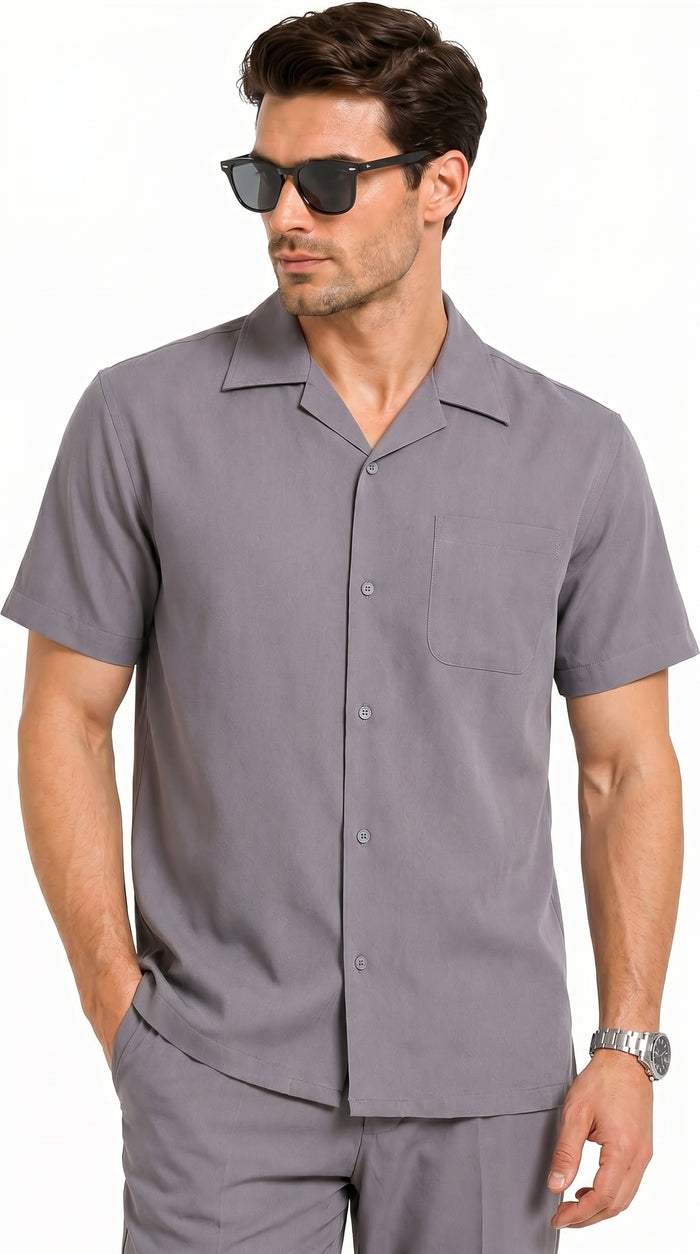 Men’s Solid Grey Short Sleeve Walking Suit with Matching Pants, Casual Summer Dress Outfit