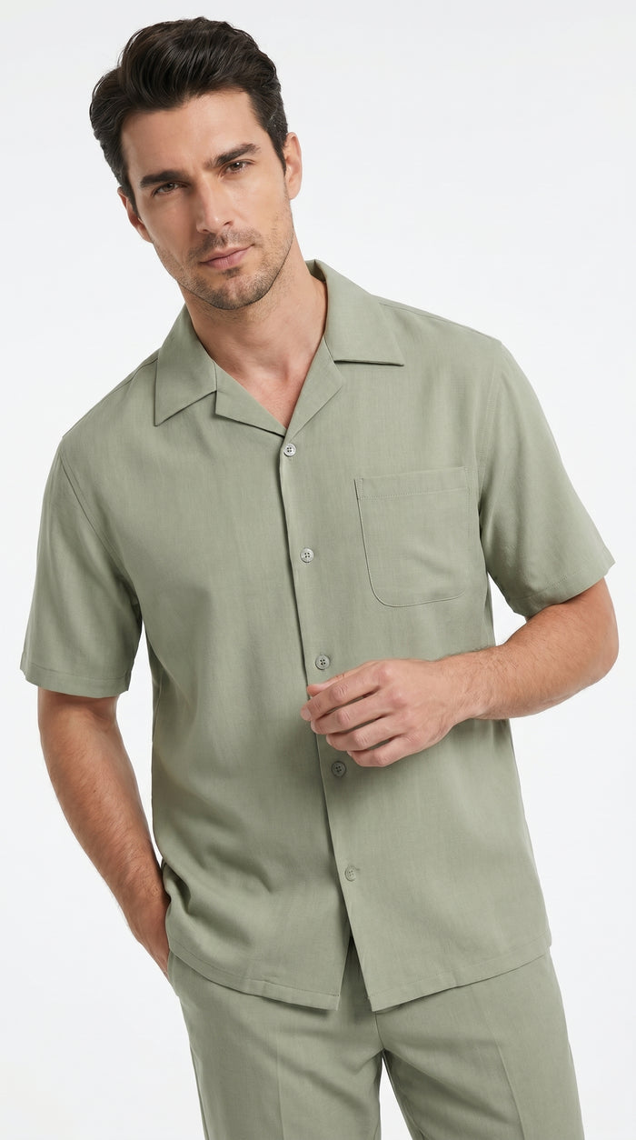 Men’s Solid Light Olive Short Sleeve Walking Suit with Matching Pants, Casual Summer Dress Outfit
