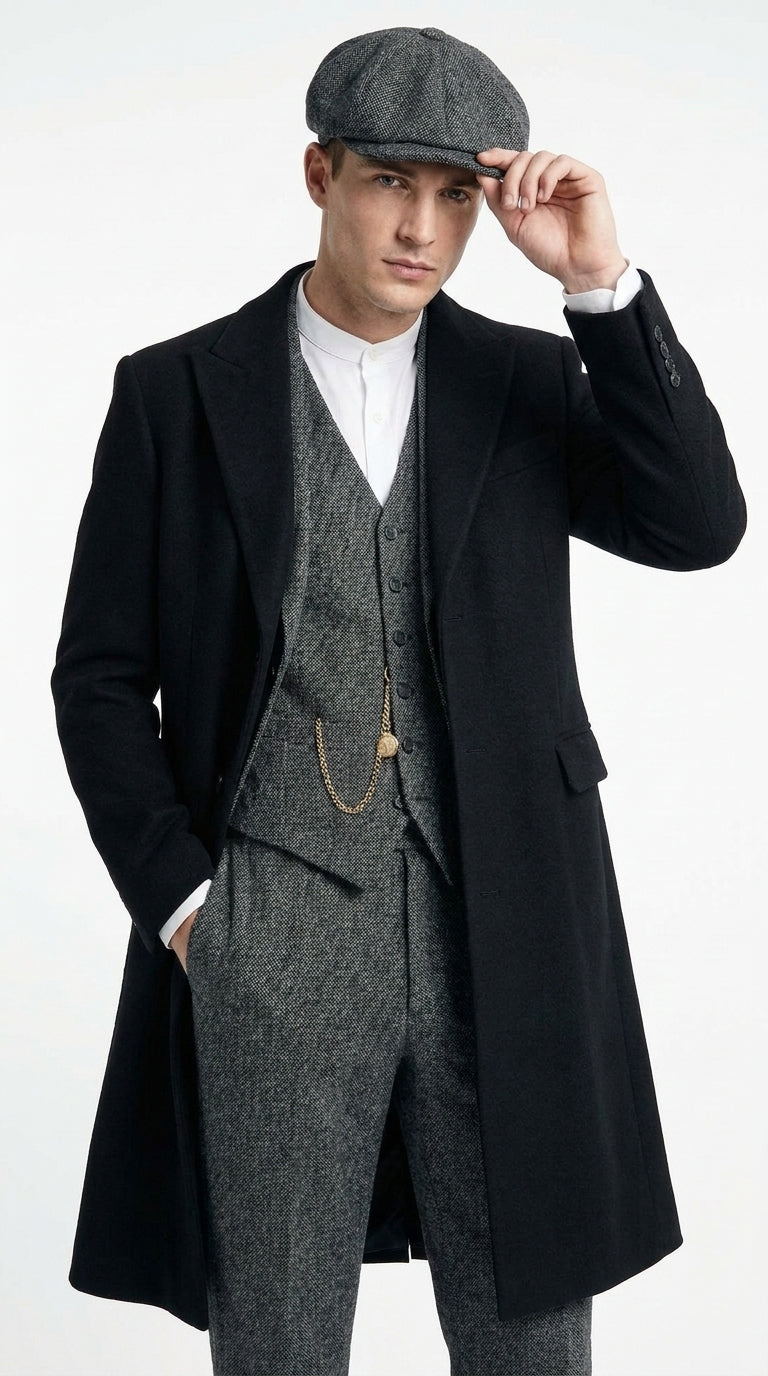 Men’s Grey Peaky Blinders 3 Piece Suit with Black Overcoat and Hat, Thomas Shelby Inspired Costume
