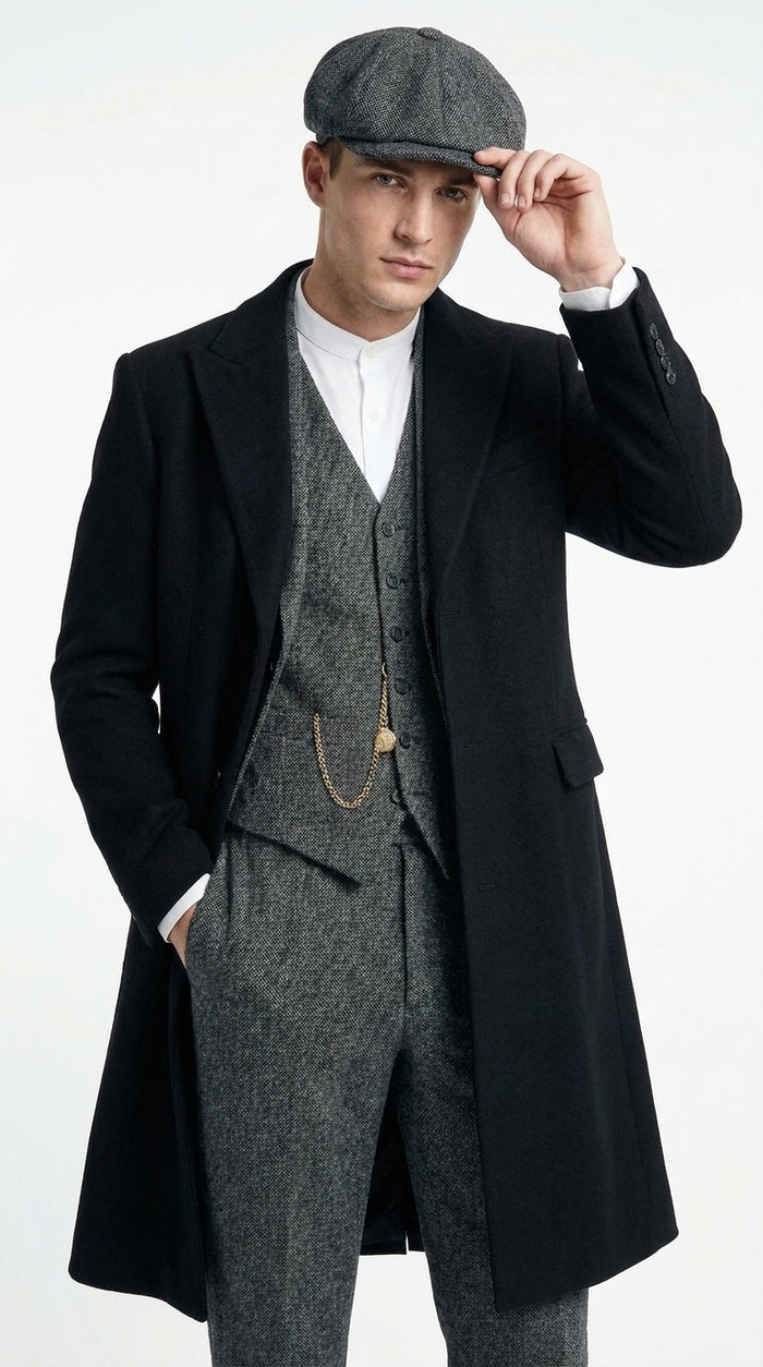 Men’s Grey Peaky Blinders 3 Piece Suit with Black Overcoat and Hat, Thomas Shelby Inspired Costume