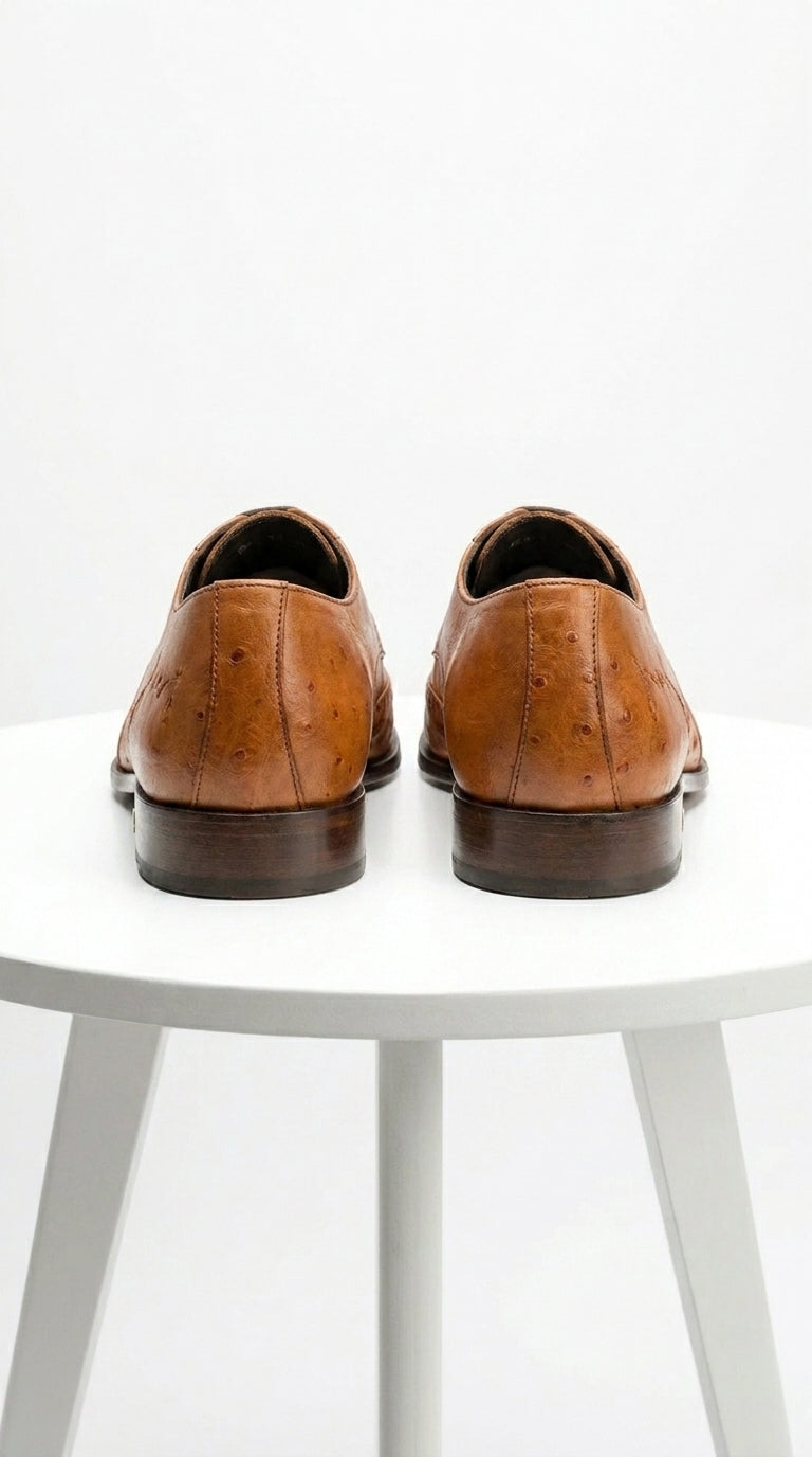 Men’s Cognac Vestigium Genuine Ostrich Derby Shoes, Handcrafted Full Leather Dress Shoes