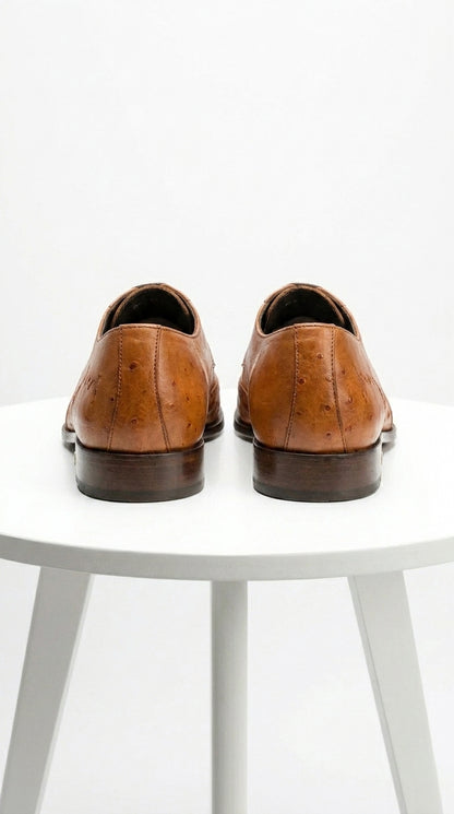 Men’s Cognac Vestigium Genuine Ostrich Derby Shoes, Handcrafted Full Leather Dress Shoes