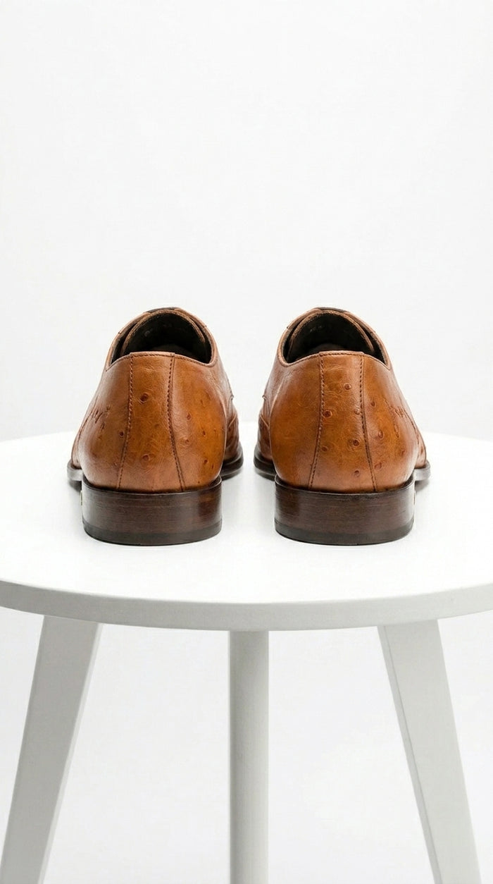 Men’s Cognac Vestigium Genuine Ostrich Derby Shoes, Handcrafted Full Leather Dress Shoes