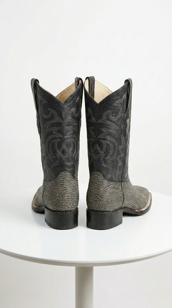 Men’s Los Altos Grey and Black Shark Skin Wide Square Toe Cowboy Boots, Exotic Western Dress Boots