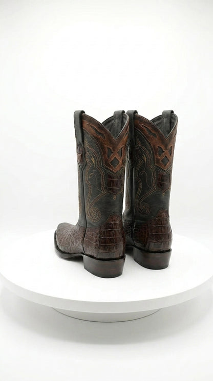 Men’s Brown Caiman Snip Toe Cowboy Boots with Embroidered Shaft, Exotic Western Dress Boots